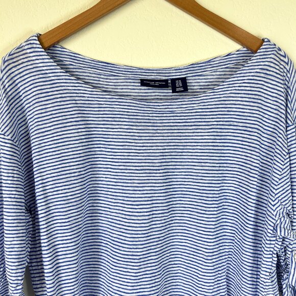Adrienne Vittadini Top Womens 1X Plus Blue White Striped Linen Roll Tab Shirt - Picture 2 of 8